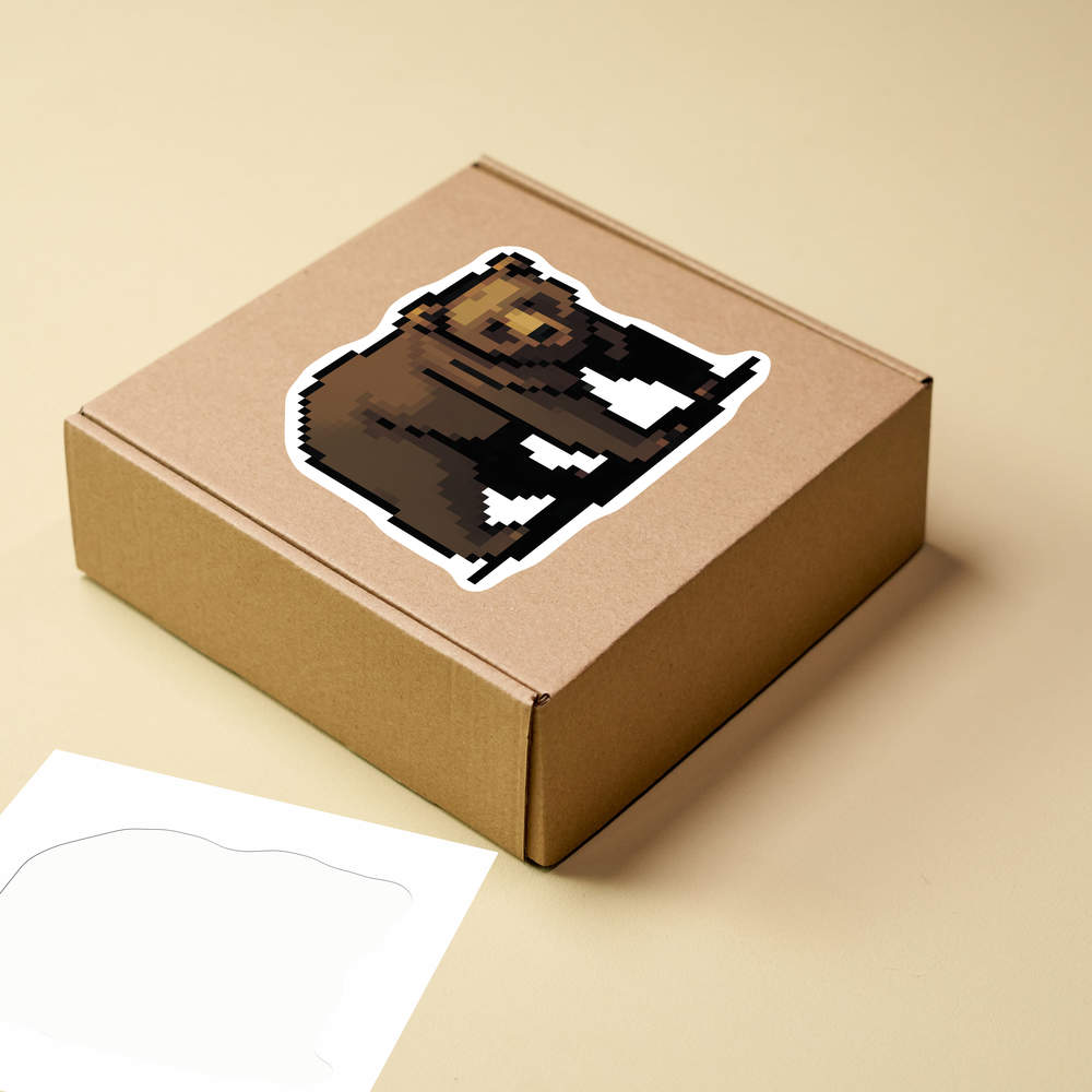 Medium 100mm 'Pixel Art Brown Bear' Permanent Sticker Decal for