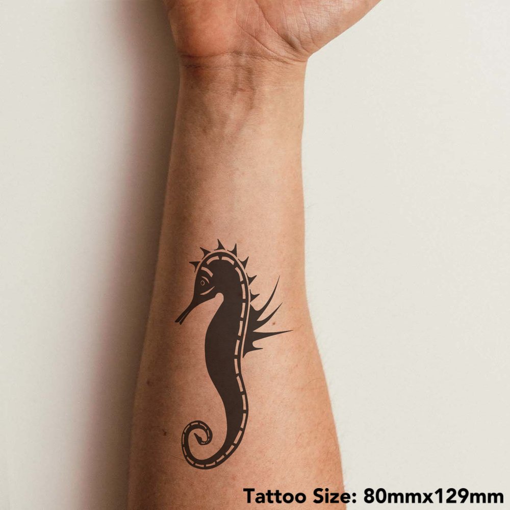 Single needle Steampunk style seahorse tattoo.